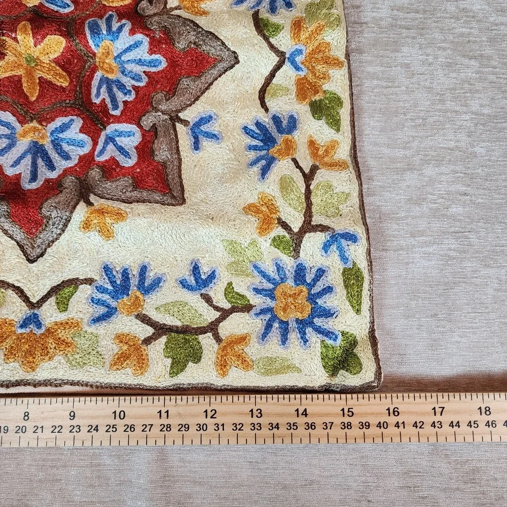 Embroidered Floral Red Blue Throw Pillow Case 16X16 Boho Cottage Decor New